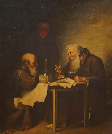 After Van De Llew?, ‘The Frugal Meal’, ink inscription verso, oil on canvas, 47 x 39cm